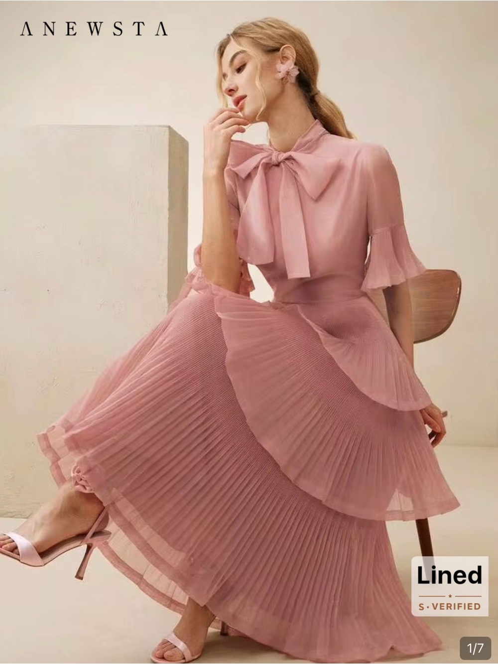 Women's Pink Pleated Midi Skirt Dress with Bow